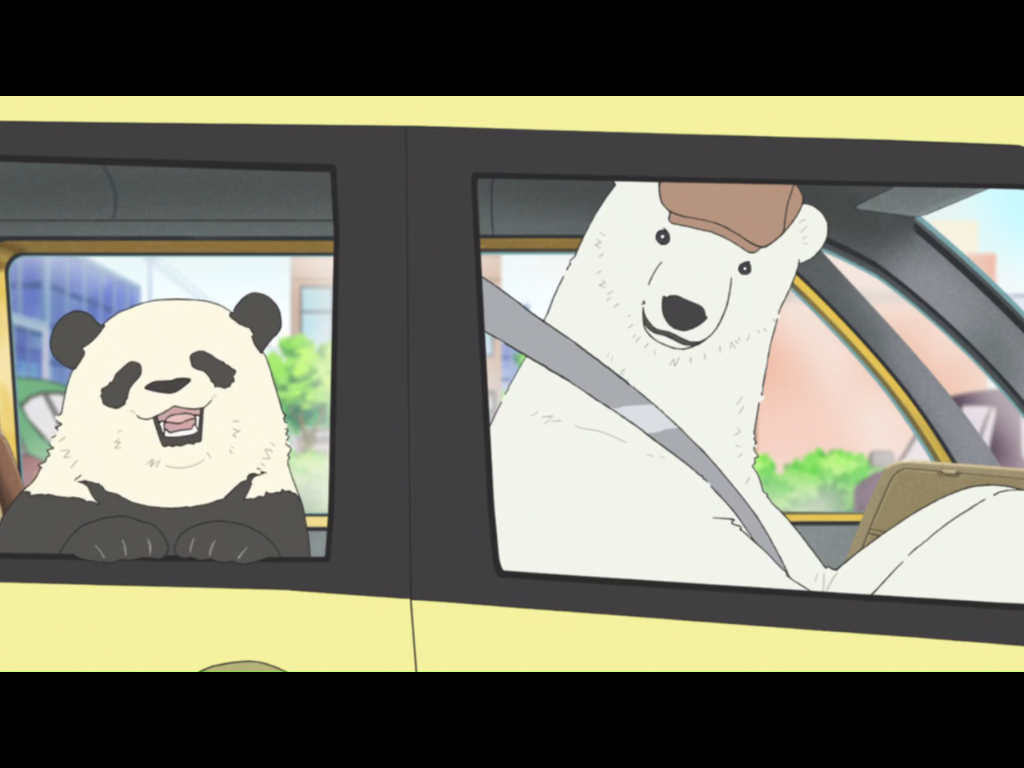 Auch Eisbären mögen Fastfood: Shirokuma und Panda bestellen sich einen Snack am "Drive-in"