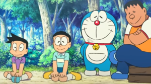 Von links nach rechts: Suneo, Nobita, Doraemon und Gian.